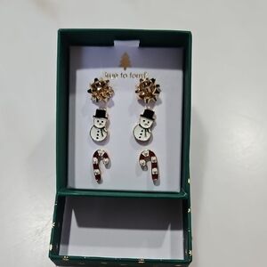 Festive Snowman and Candy Cane Earrings in Gold and Red.  Little Gold Bows Too.